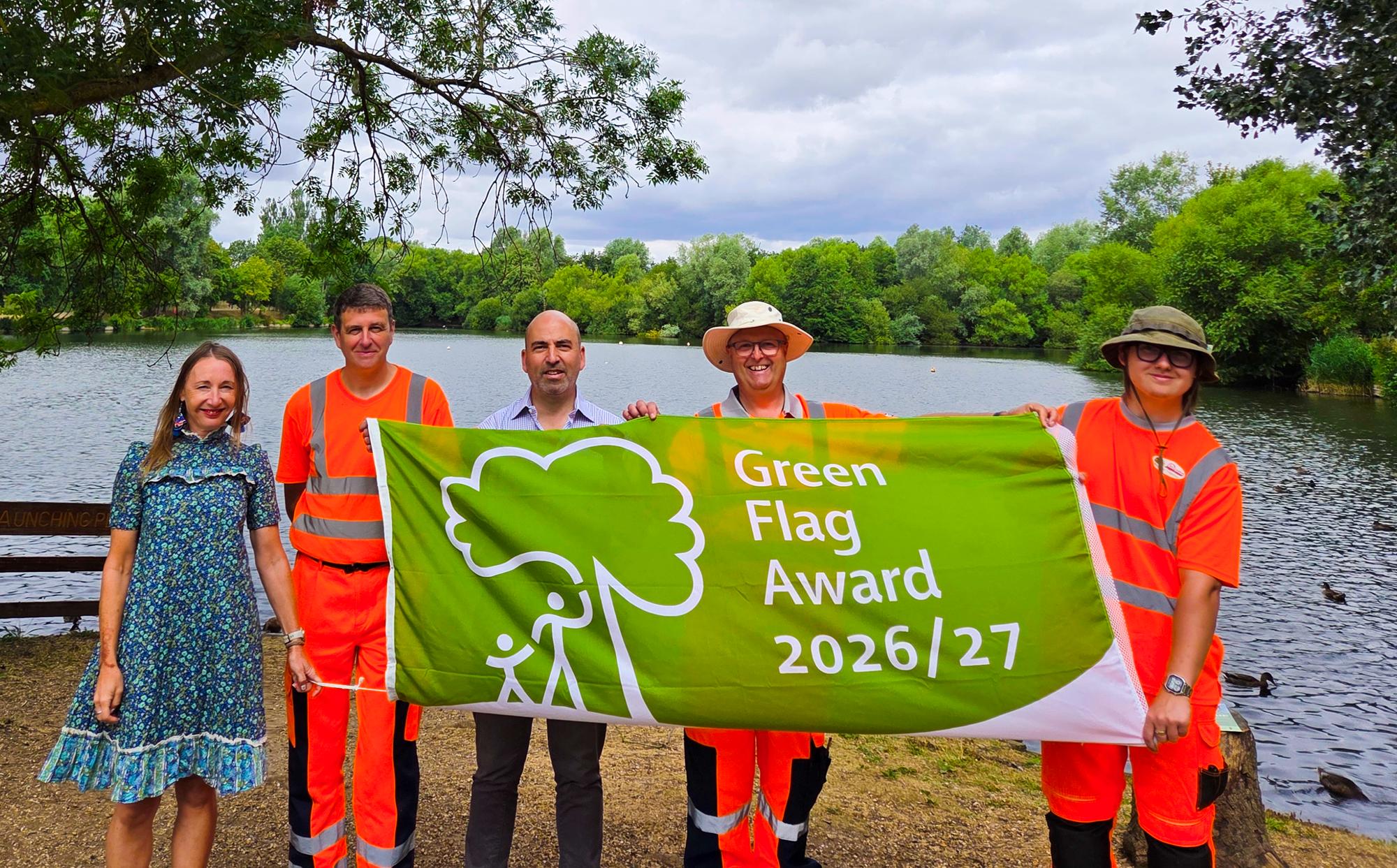 Mid Suffolk District Council public realm officers and rangers with Cllr Tim Weller holding the Green Flag Award 2026/27 flag