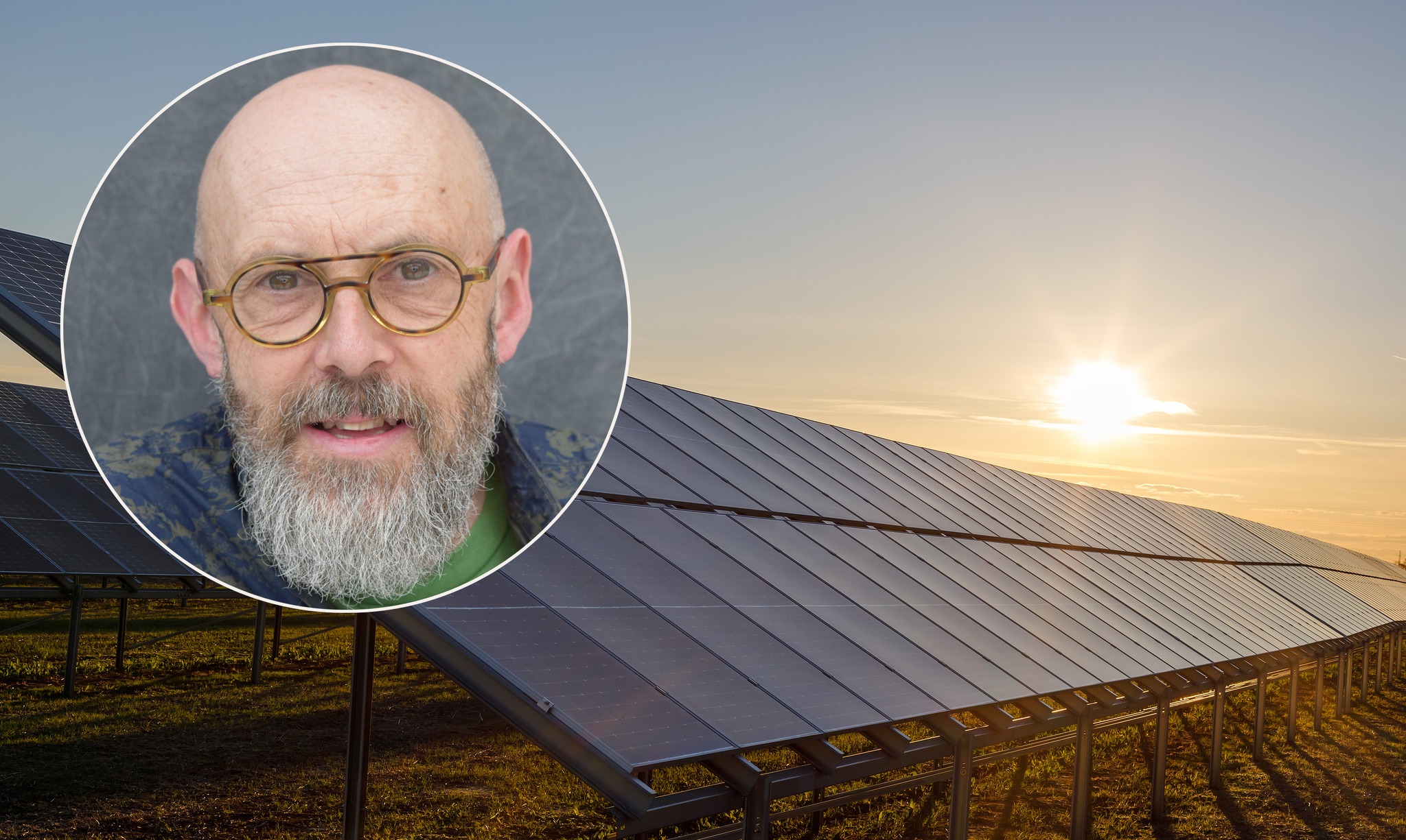 A solar farm site with inset of Cllr Andrew Stringer