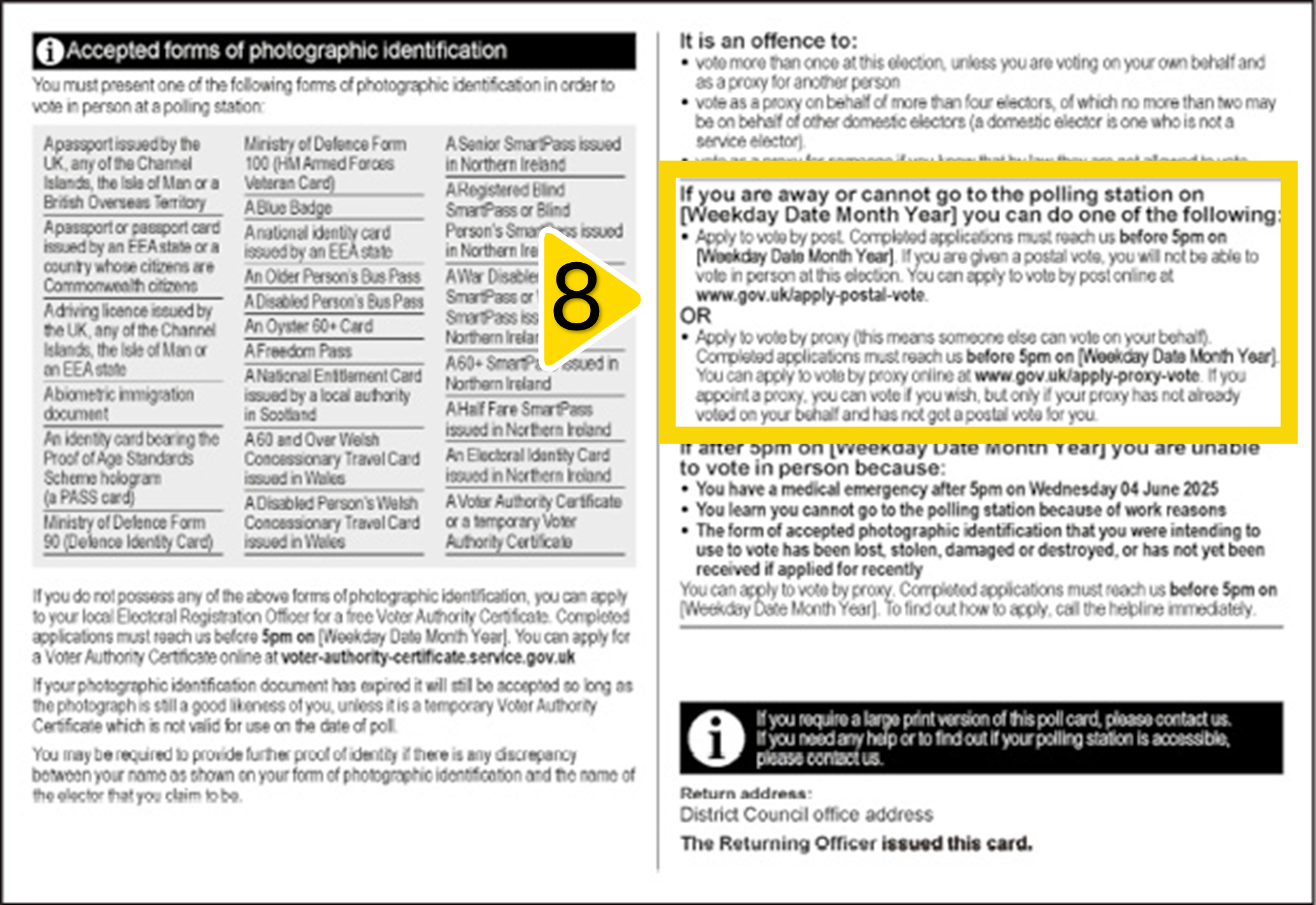 Image of the back of a poll card, highlighting the postal vote and proxy vote details
