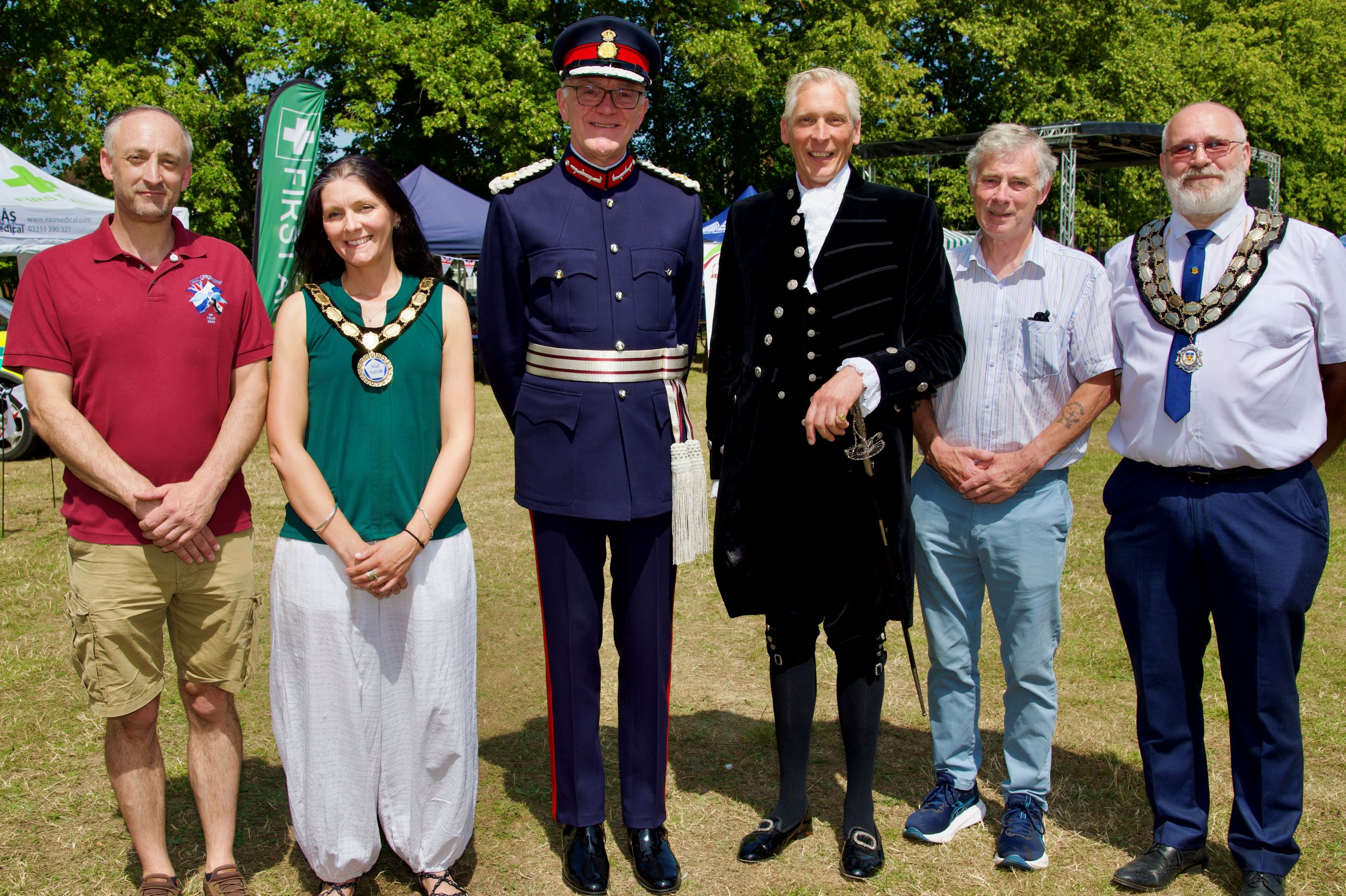Photo showing Civic Representatives (from left to right) Councillor James Patchett - Mid Suffolk District Council Armed Forces Champion, Councillor Lorraine Baker - Chair of Mid Suffolk District Council, Mark Pendlington  - Lord Lieutenant of Suffolk, Oliver Paul - High Sheriff of Suffolk, Cllr Derek Davis - Babergh District Council Armed Forces Champion, Councillor Darren Dordoy, Mayor of Stowmarket.
