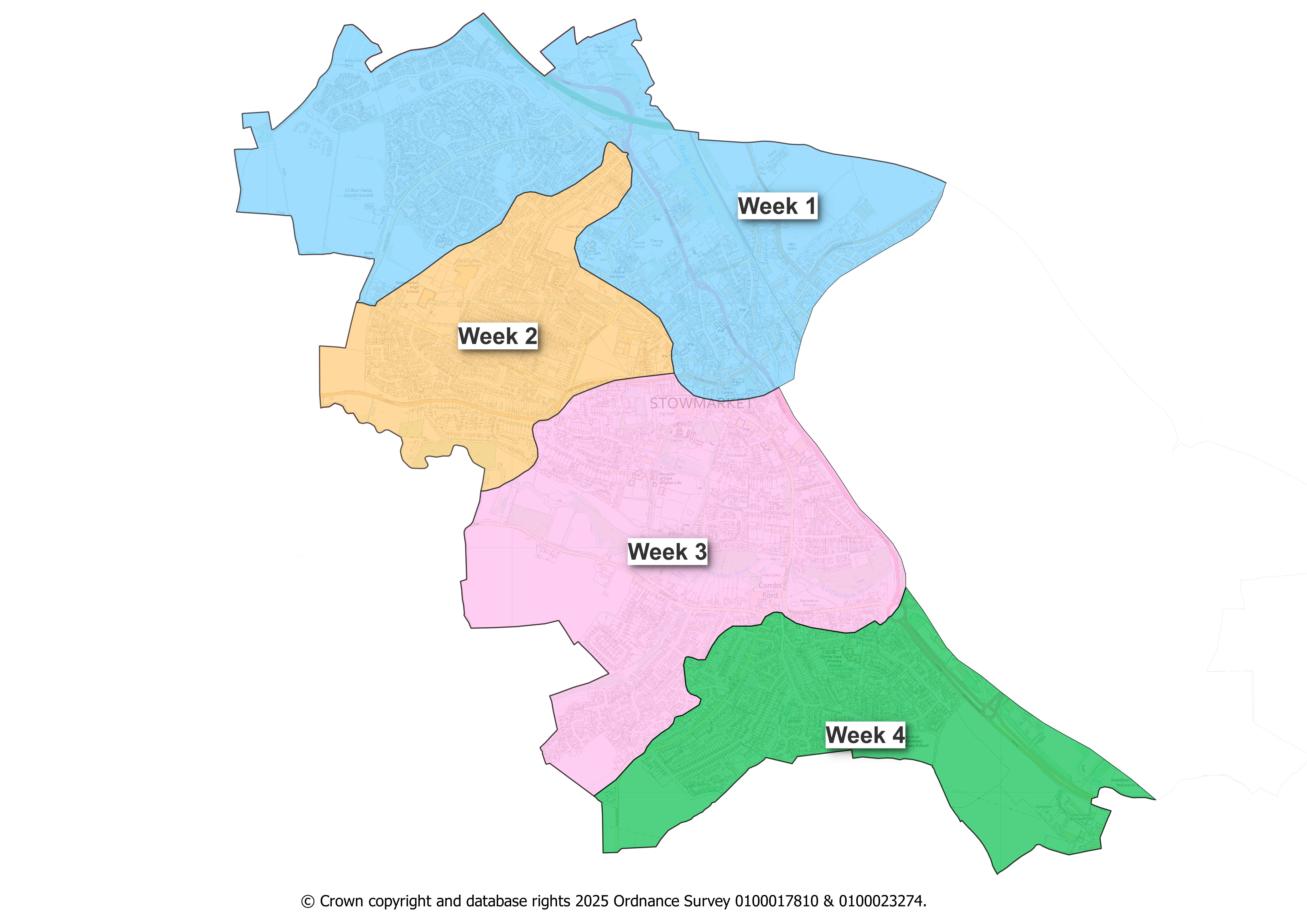 Map of Stowmarket's grass cutting schedule