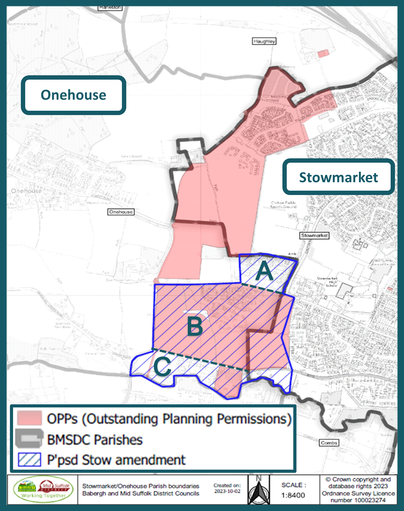 Onehouse and Stowmarket map